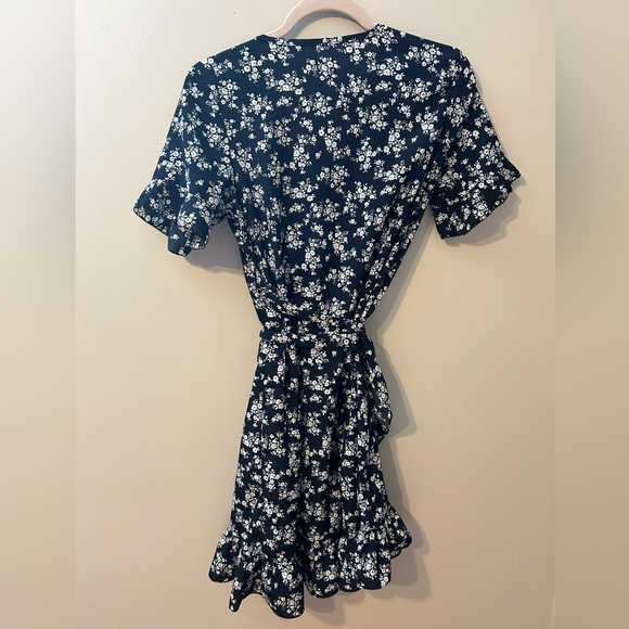 Floral V-neck Wrap Sun Dress - Navy - Picture 3 of 4
